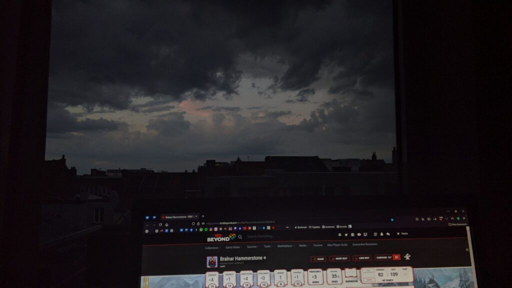 Appropriately dramatic skies above Brussels as the lads and I battle a bone-demon above the damned city of Elturel in D&D.