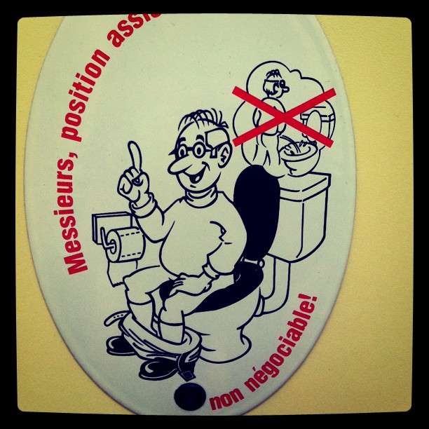 A Swiss sign from a toilet, instructing men to sit and not stand while they urinate